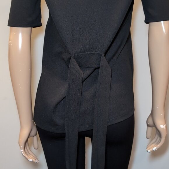 3/$20 Reitmans Tie Waist Blouse Short Sleeve Black Crew Neck Top Size Small - Picture 9 of 11